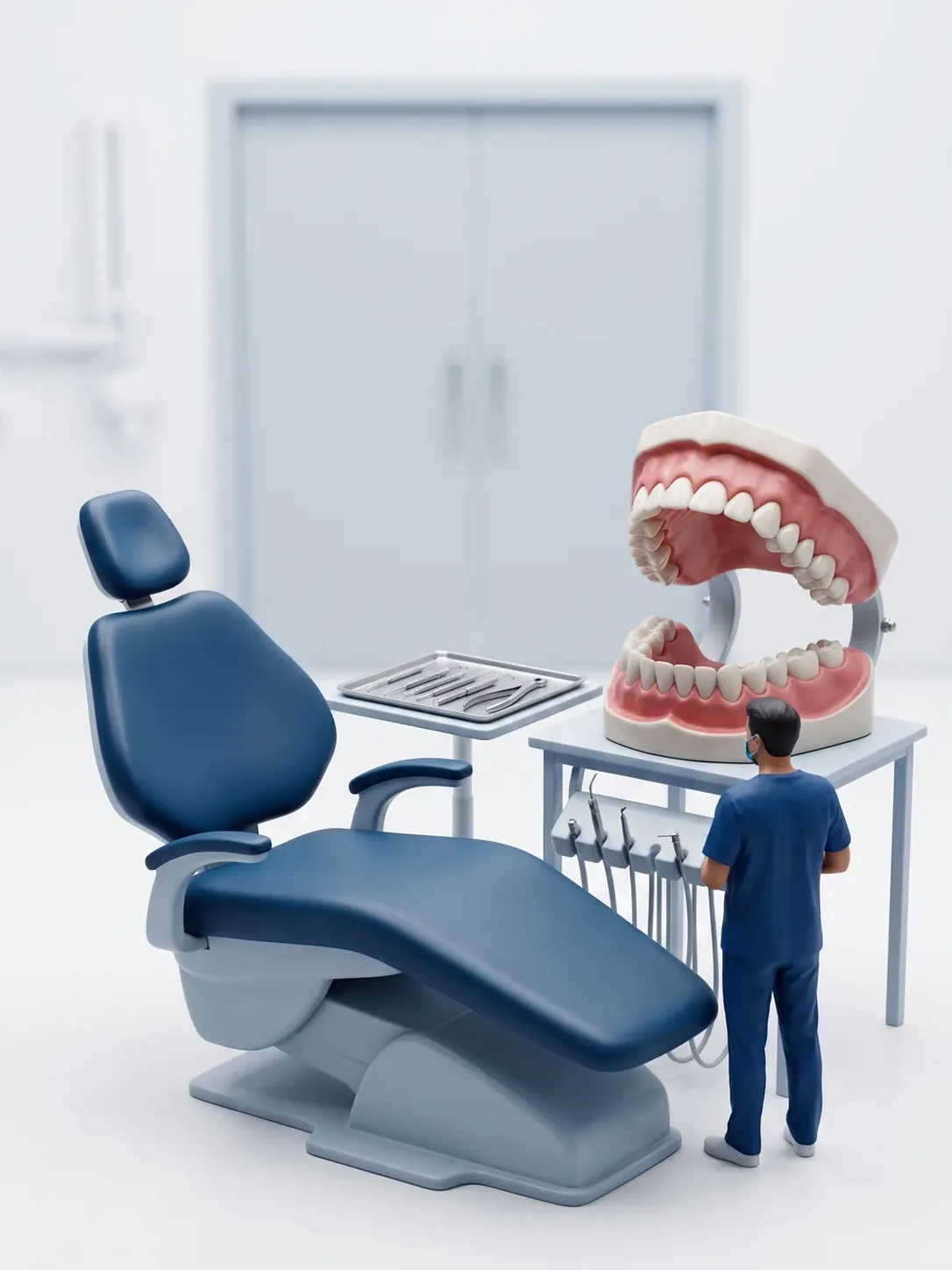Diorama en miniatura: un sillón dental convencional con su bandeja en primer plano y, al fondo desenfocada, una puerta de quirófano cerrada
