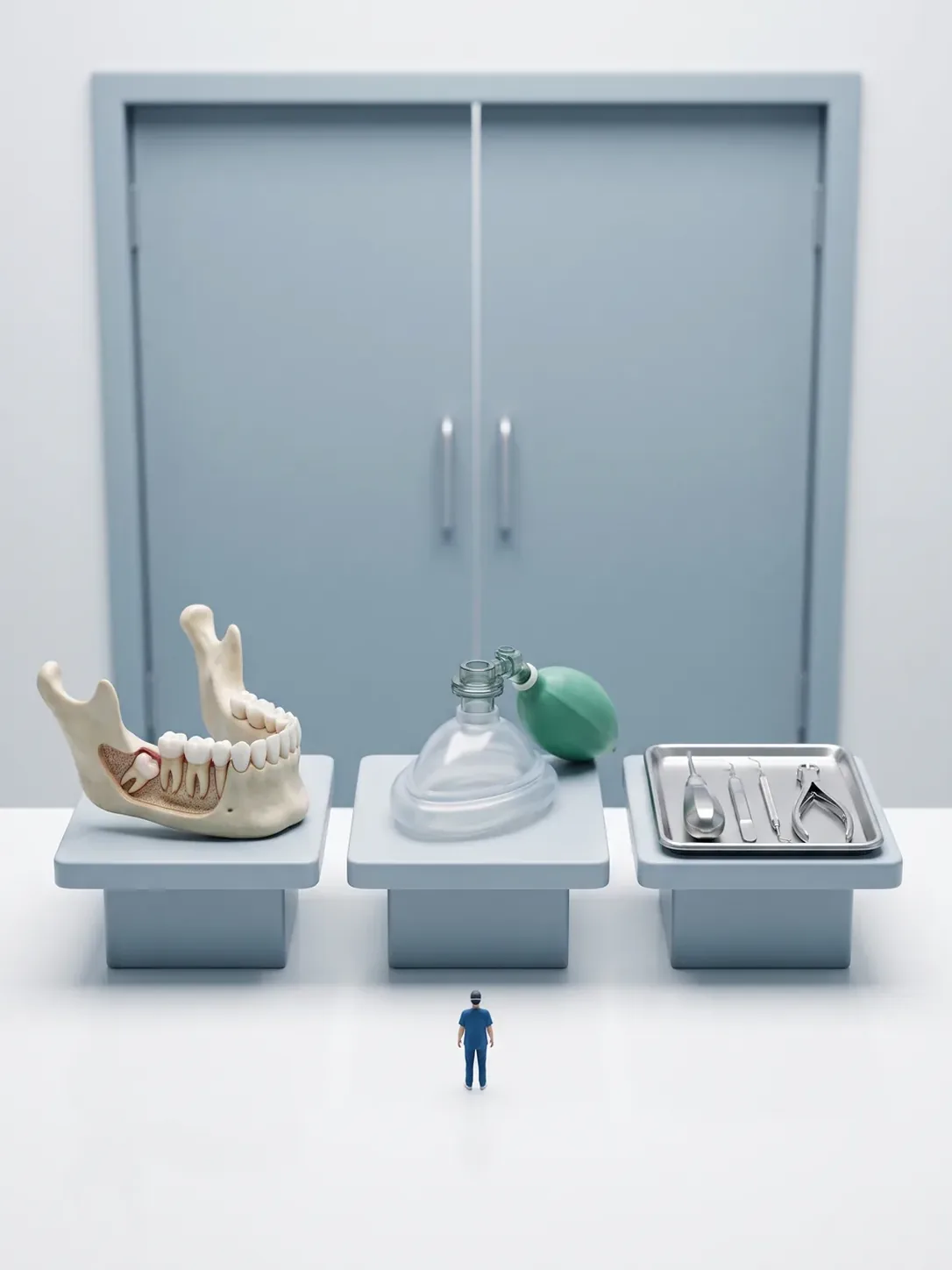 Diorama en miniatura: tres pedestales alineados con un modelo de mandíbula con un tercer molar inclinado, una mascarilla de anestesia y una bandeja de instrumental quirúrgico, ante una puerta de quirófano cerrada