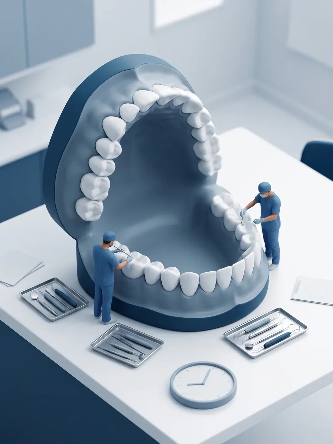 Diorama en miniatura: dos figuras de personal dental trabajan a la vez sobre una misma arcada gigante, con tres bandejas de instrumental distintas alrededor y un reloj sin cifras