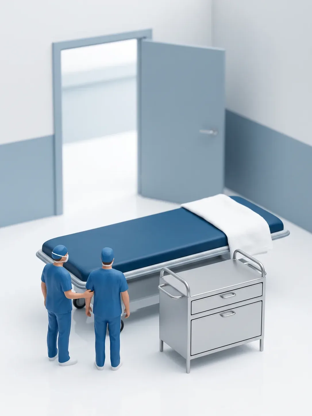 Diorama en miniatura: una camilla de recuperación vacía con la sábana doblada y dos figuras de personal dental saliendo juntas hacia una puerta abierta