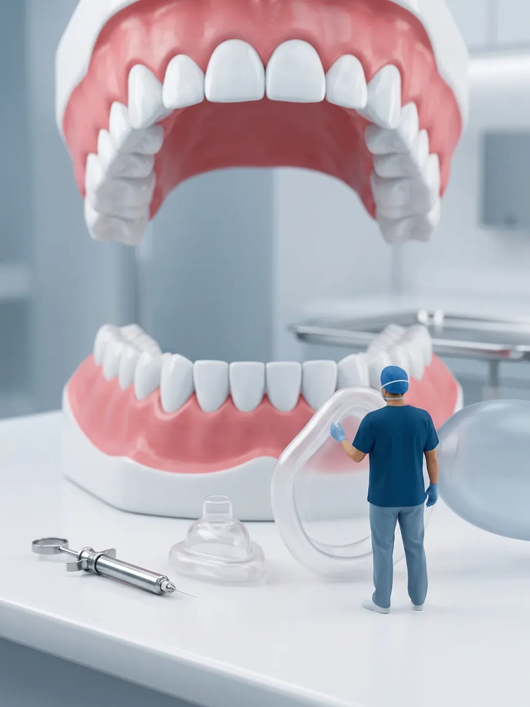 Diorama en miniatura: tres objetos alineados de menor a mayor —jeringa dental, mascarilla nasal y mascarilla facial con bolsa reservorio— delante de una arcada dental gigante