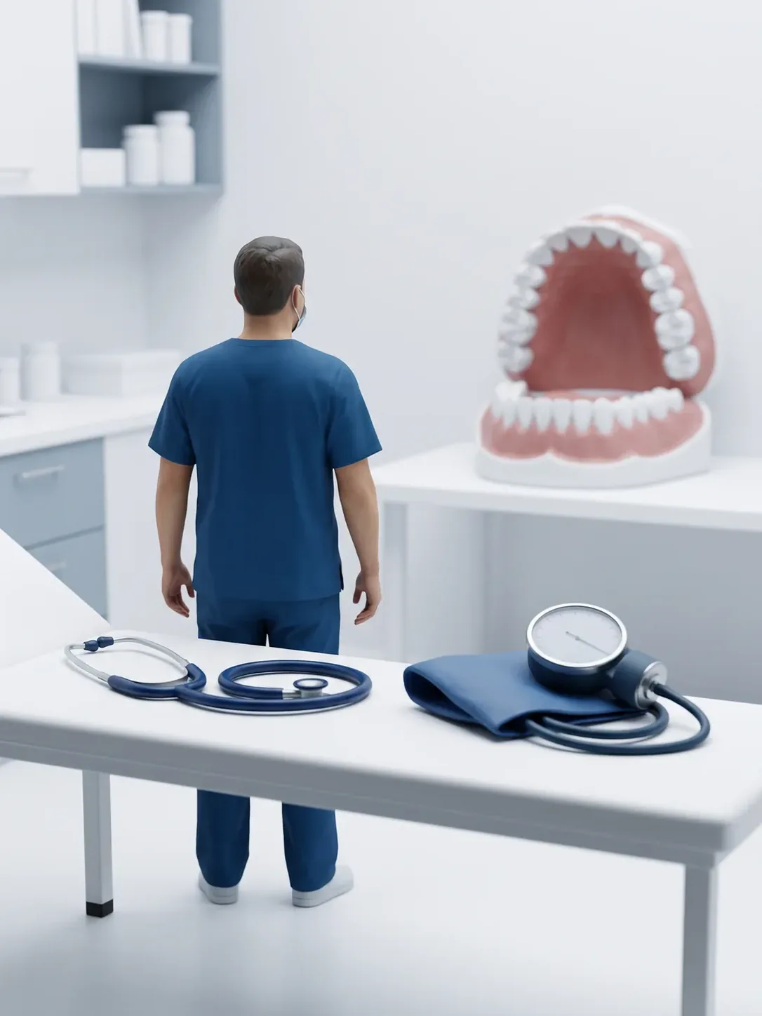 Diorama en miniatura: una mesa de exploración con un estetoscopio y un baumanómetro de carátula sin cifras, con la arcada dental gigante apartada al fondo