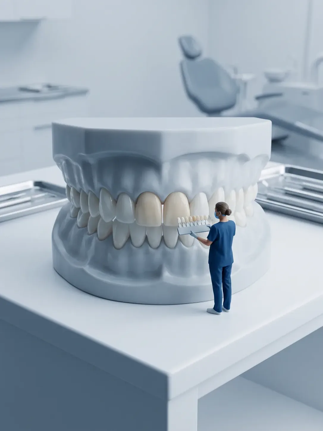 Diorama en miniatura: una figura de personal dental sostiene una guía de color de vástagos lisos junto a dos dientes de una arcada gigante que tienen un tono más cálido que el resto