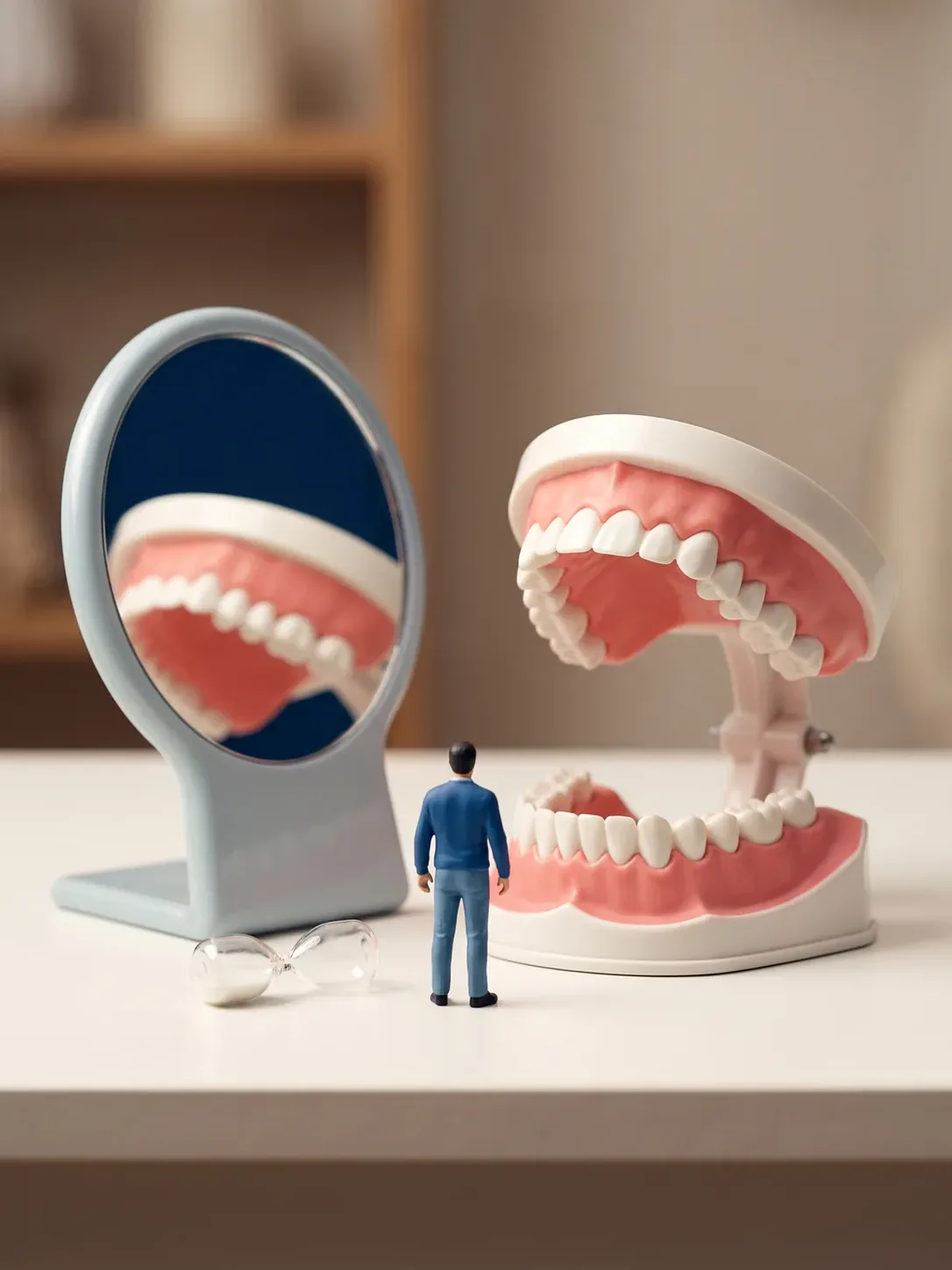 Un espejo de mano doméstico, una arcada dental gigante abierta y un reloj de arena sobre una mesa de casa, con una figura en ropa de calle delante