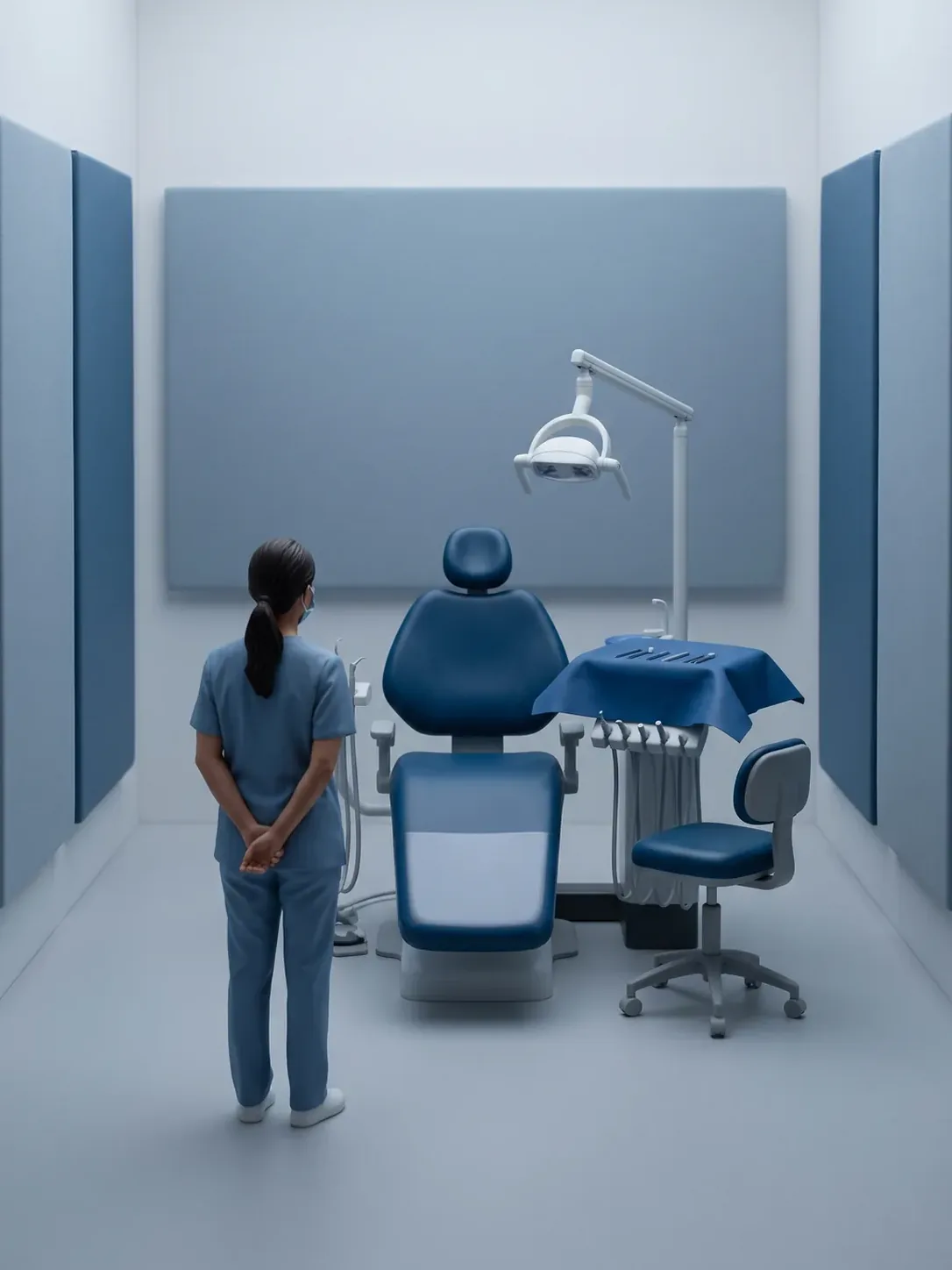 Sillón dental vertical y vacío con la lámpara apagada y la bandeja todavía cubierta por un paño azul, y una figura de personal dental esperando a unos pasos