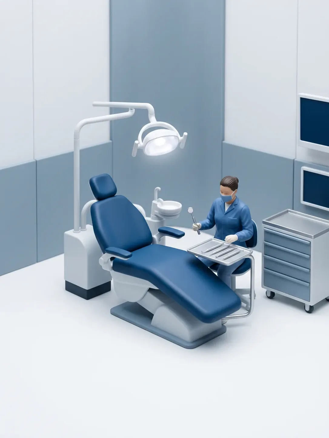 Figura de personal dental sentada en el taburete a la cabecera de un sillón dental vacío, con la lámpara encendida y el carro clínico de frente liso al lado