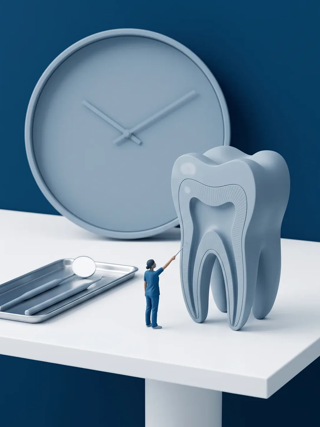 Un molar gigante seccionado sobre la mesa clínica junto a una bandeja con espejo y explorador, y detrás un reloj de pared de esfera lisa sin cifras