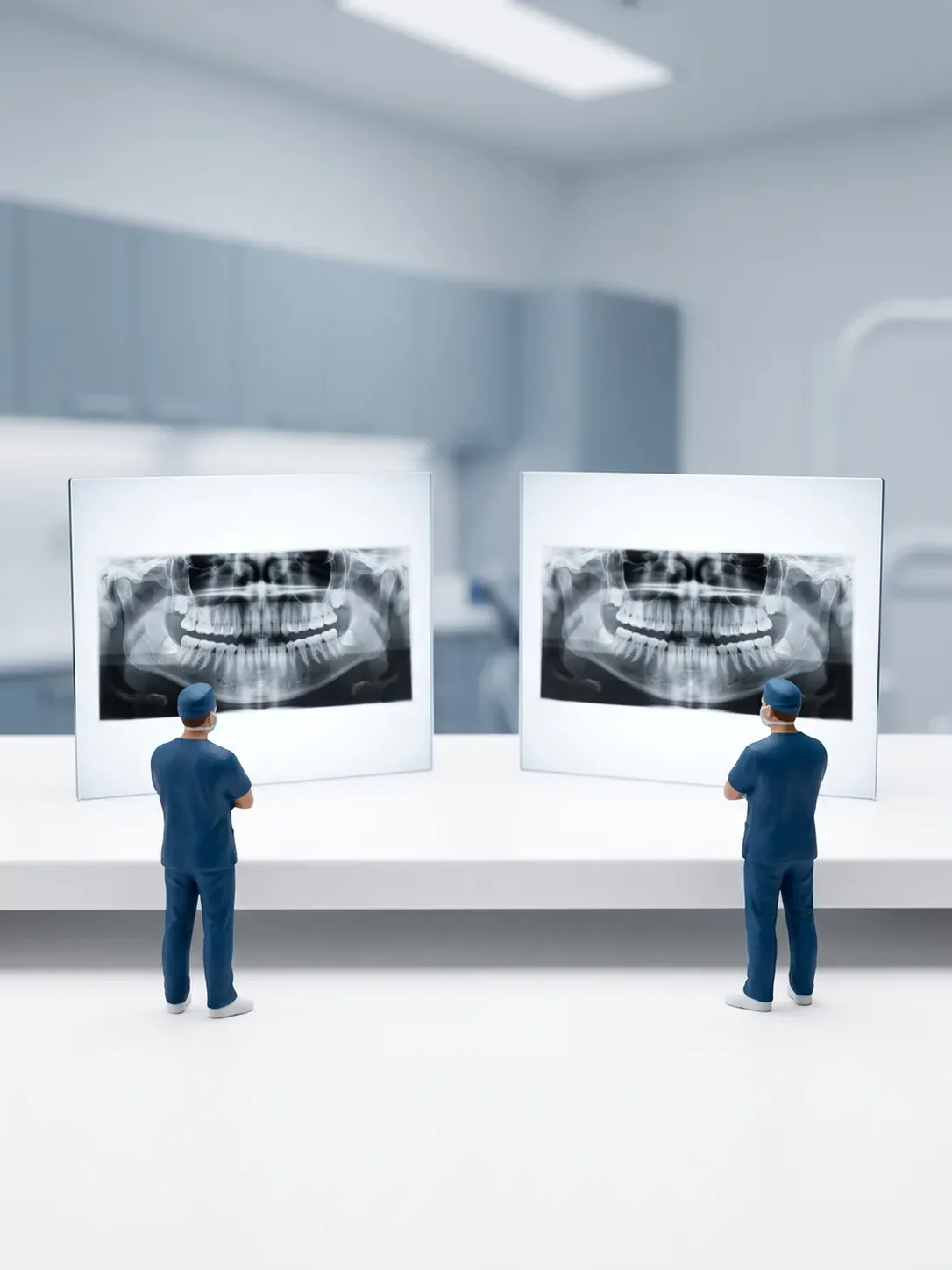 Dos negatoscopios idénticos con la misma radiografía panorámica, cada uno con su figura de personal dental delante observándolo por separado