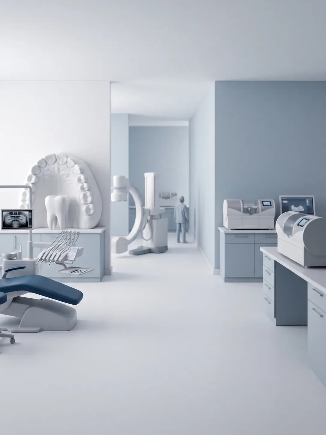 Una sola sala continua con el sillón dental, el equipo de radiología de brazo en C y el banco de laboratorio alineados a lo largo del mismo pasillo