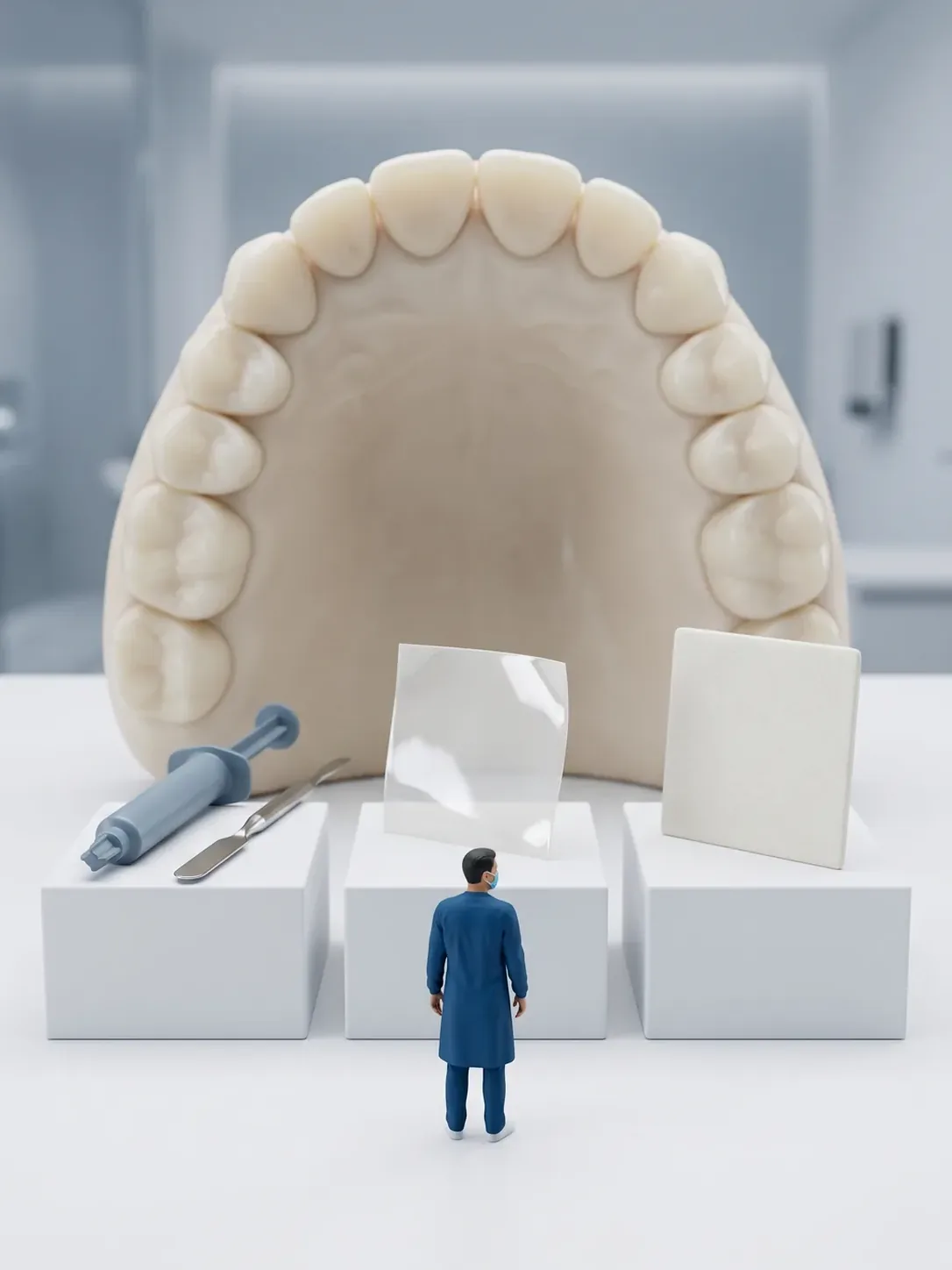 Tres pedestales con una jeringa de resina y su espátula, una lámina de porcelana translúcida y una lámina cerámica más mate, frente a una arcada dental gigante