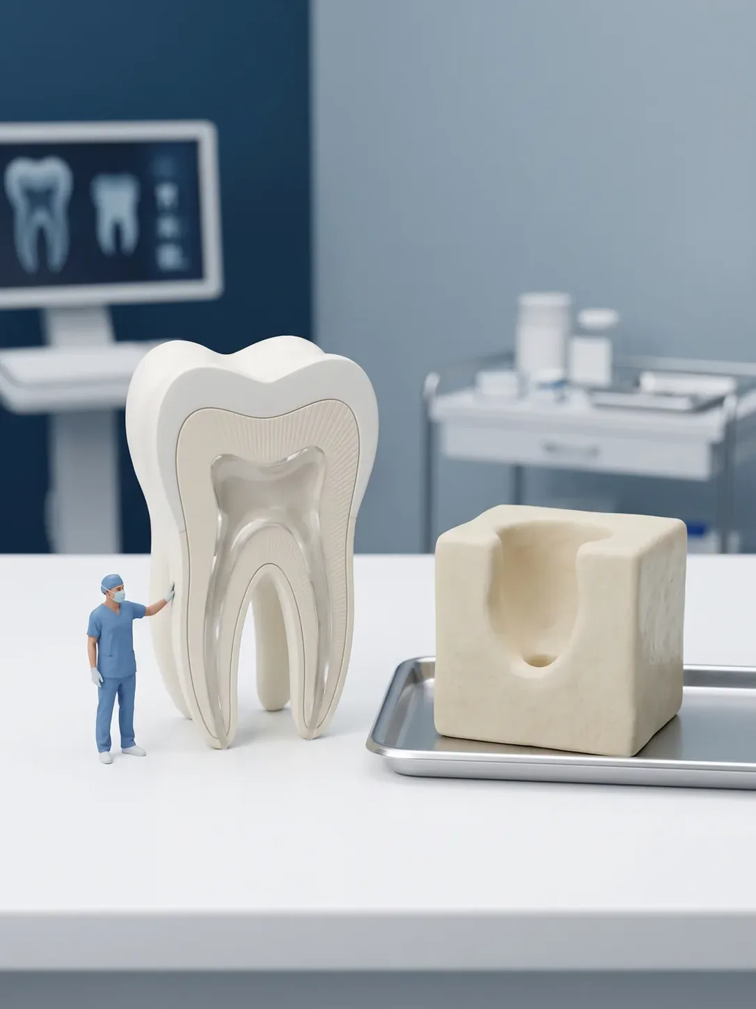 Un molar gigante seccionado con los conductos limpios y ya sellados, junto al hueco vacío de un alveolo en un bloque de hueso sobre su bandeja