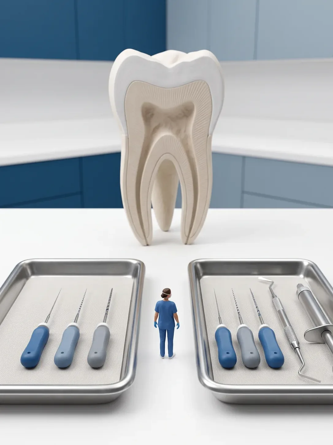 Un mismo molar gigante seccionado y delante dos bandejas: la primera con tres limas de endodoncia, la segunda con esas limas más el instrumental de sellado