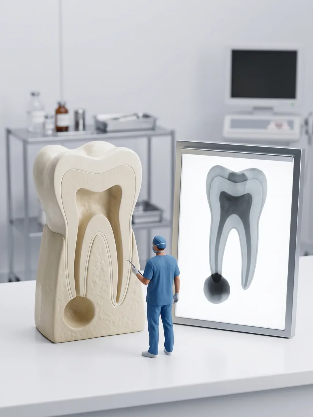 Un molar gigante seccionado con una cavidad redonda y vacía en el extremo de la raíz, junto al negatoscopio que muestra esa misma zona oscura en el ápice