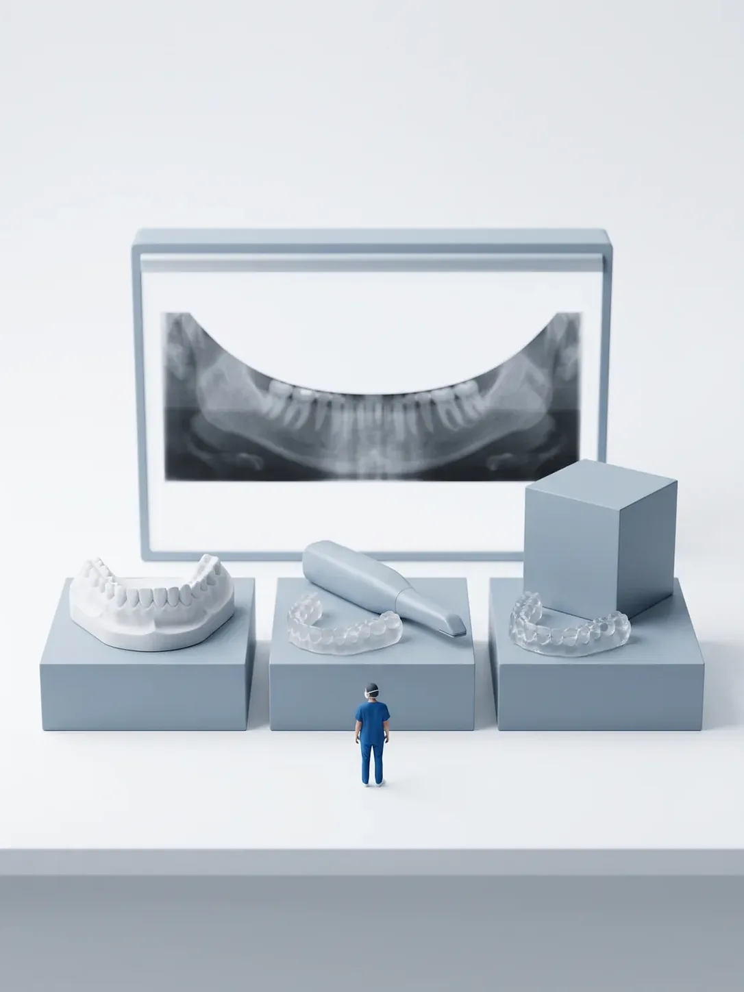 Tres pedestales con un par de arcadas en yeso, un par en resina con el escáner intraoral y ese mismo par junto al bloque de volumen 3D, frente a la panorámica