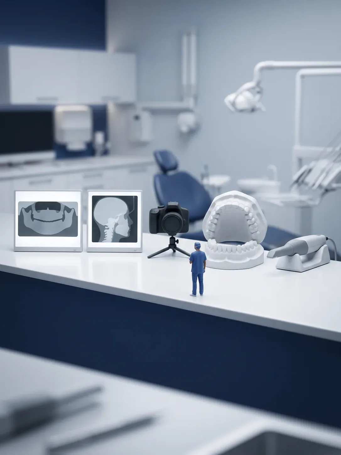 Cinco elementos alineados en el mesón: la panorámica, la telerradiografía de perfil, la cámara sobre su trípode, los modelos de arcada en yeso y el escáner intraoral