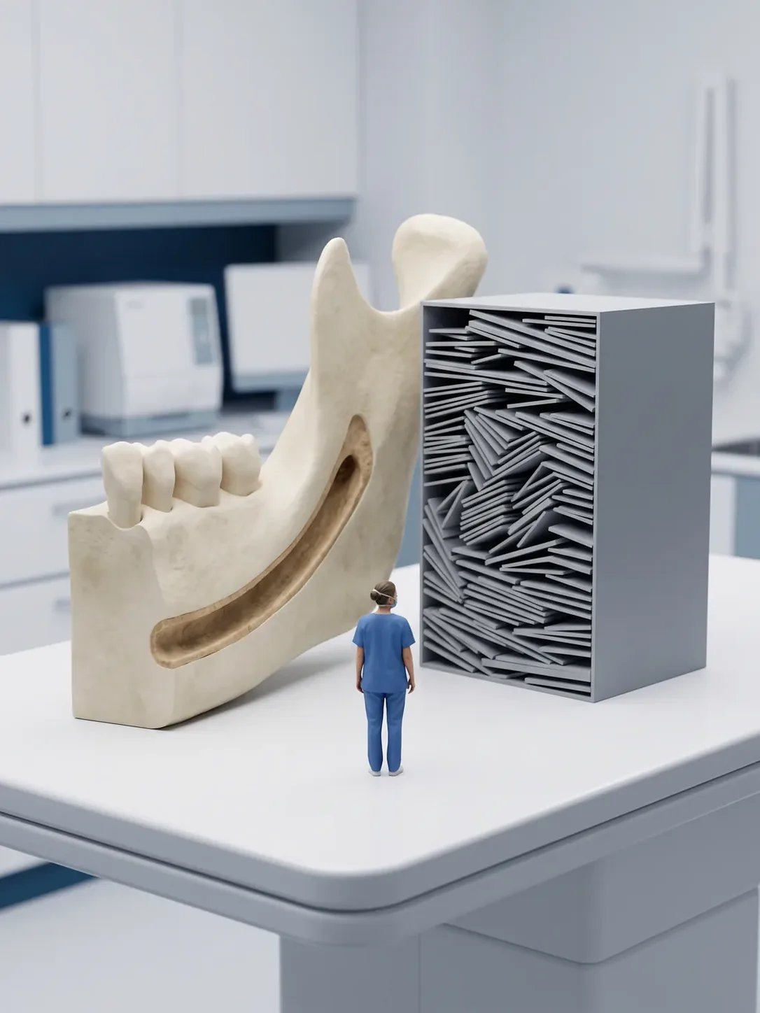 Bloque de mandíbula seccionada donde se leen la cresta de hueso y el trayecto del conducto nervioso, junto a un bloque de volumen 3D de cortes finos apilados
