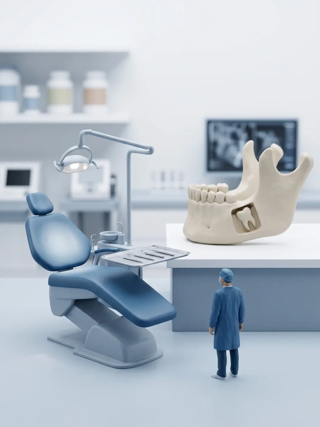 Sillón dental vacío y reclinado con la lámpara encendida y la bandeja quirúrgica preparada, junto a un modelo de mandíbula con un tercer molar inclinado en su ventana ósea