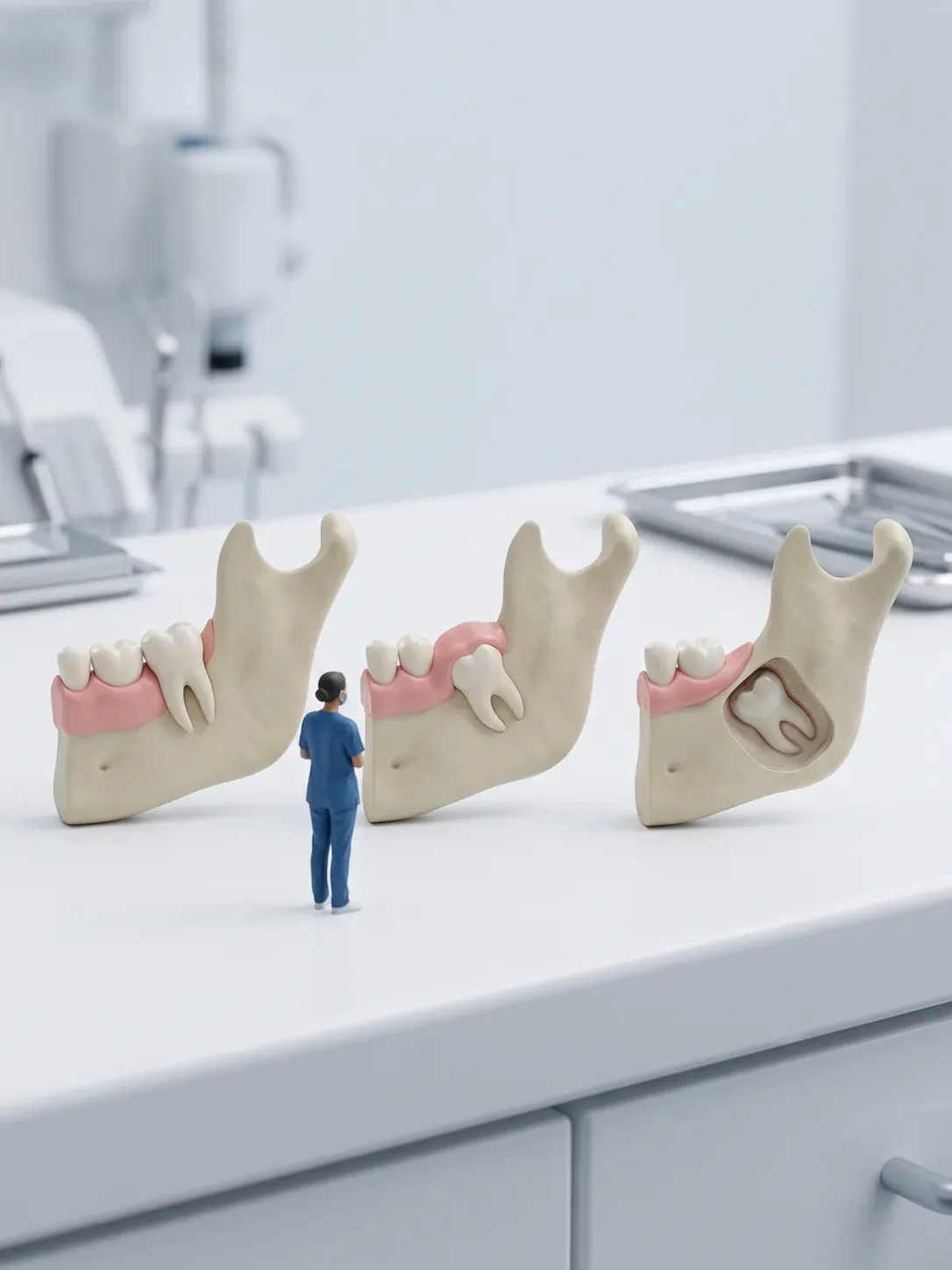 Tres bloques del sector posterior de la mandíbula: el tercer molar erupcionado, medio cubierto por un capuchón de encía y retenido entero dentro del hueso