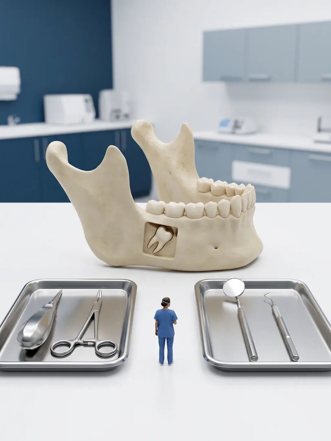 Modelo de mandíbula con un tercer molar inclinado entre dos bandejas idénticas: una con elevador y fórceps, la otra con espejo y explorador