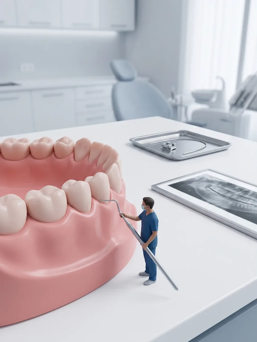 Una figura de personal dental apoya la sonda periodontal en el surco de un modelo gigante de encía y dientes; el bracket y el arco esperan aún en la bandeja