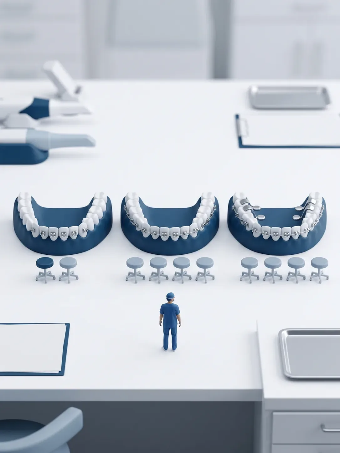 Tres arcadas con planes de trabajo distintos —brackets solo en el sector anterior, en toda la arcada y con auxiliares atrás— y delante de cada una su fila de taburetes