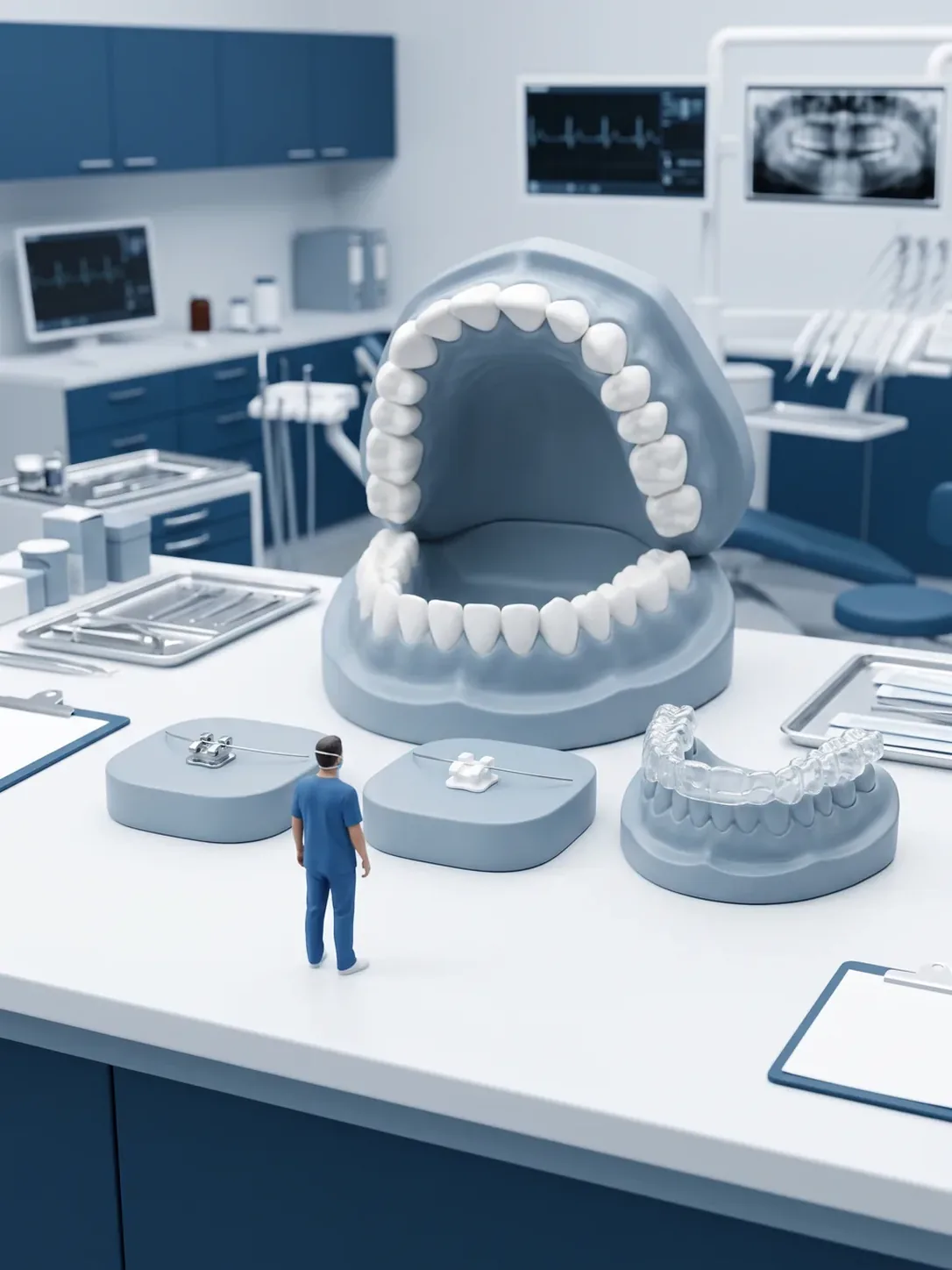Tres pedestales con un bracket metálico y su arco, un bracket cerámico blanco y un alineador transparente sobre su modelo, frente a una arcada dental gigante