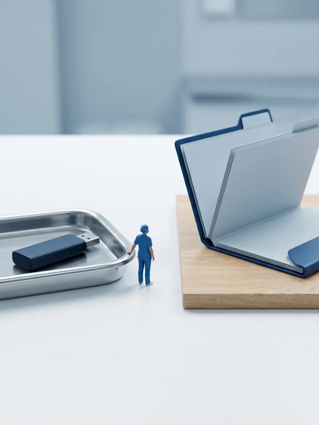 Una memoria USB sin marca en su bandeja metálica y, al lado, una carpeta de archivo abierta con hojas en blanco sobre una tabla de madera, con una figura de personal dental de pie entre las dos