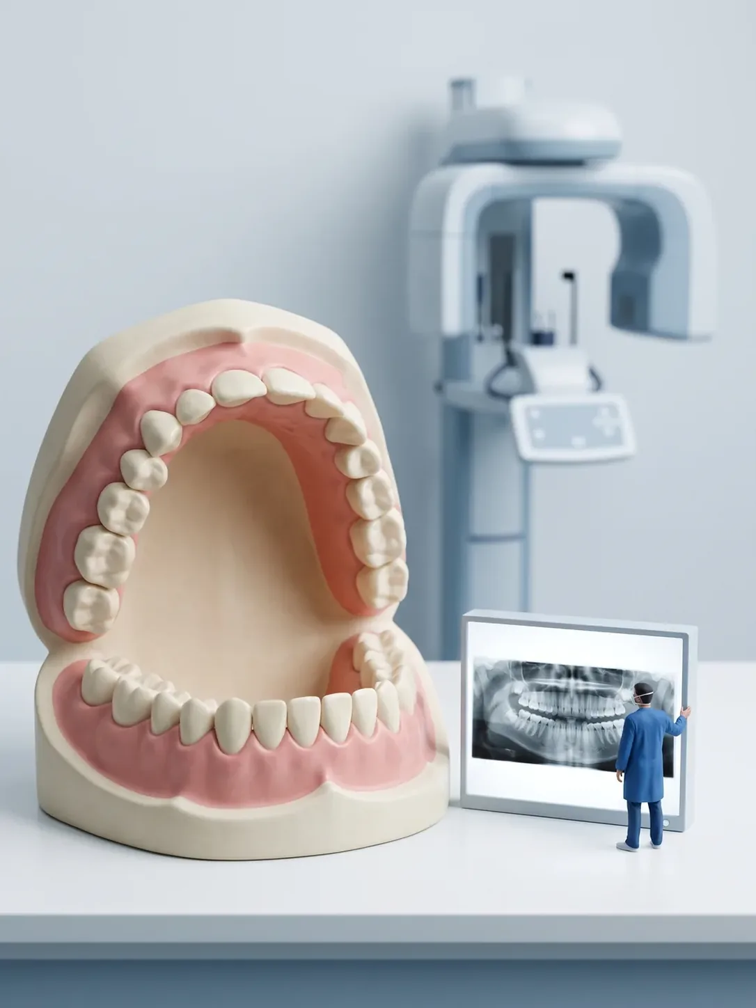 Un modelo de arcada dental gigante junto a un negatoscopio encendido con una radiografía panorámica ya hecha, y al fondo el equipo de rayos X en reposo y sin nadie colocado en él
