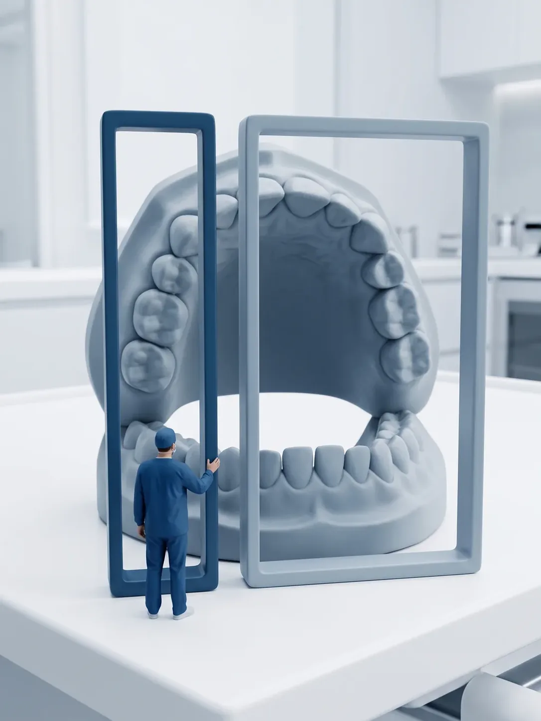 Dos marcos rectangulares huecos y vacíos, uno estrecho y otro ancho, apoyados de pie delante de una arcada dental gigante, con una figura de personal dental sosteniendo el estrecho
