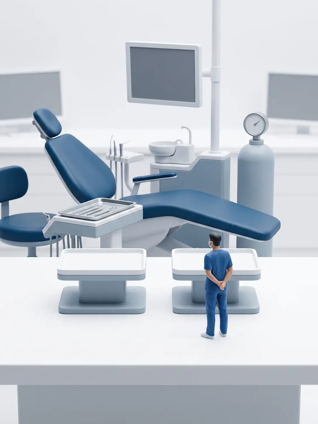Dos pedestales completamente vacíos en primer plano, con el sillón dental preparado y la columna de gas de manómetro liso al fondo
