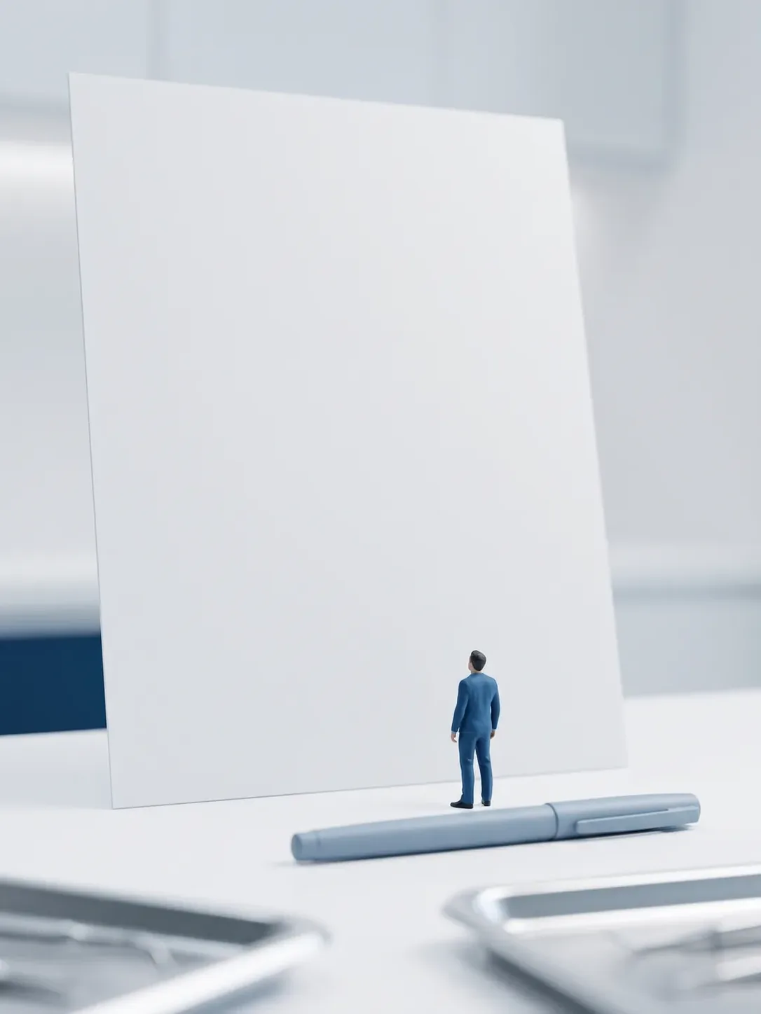 Una hoja de papel gigante completamente en blanco apoyada de pie sobre la mesa clínica, con una pluma lisa delante y una figura diminuta recorriéndola con la mirada antes de firmar
