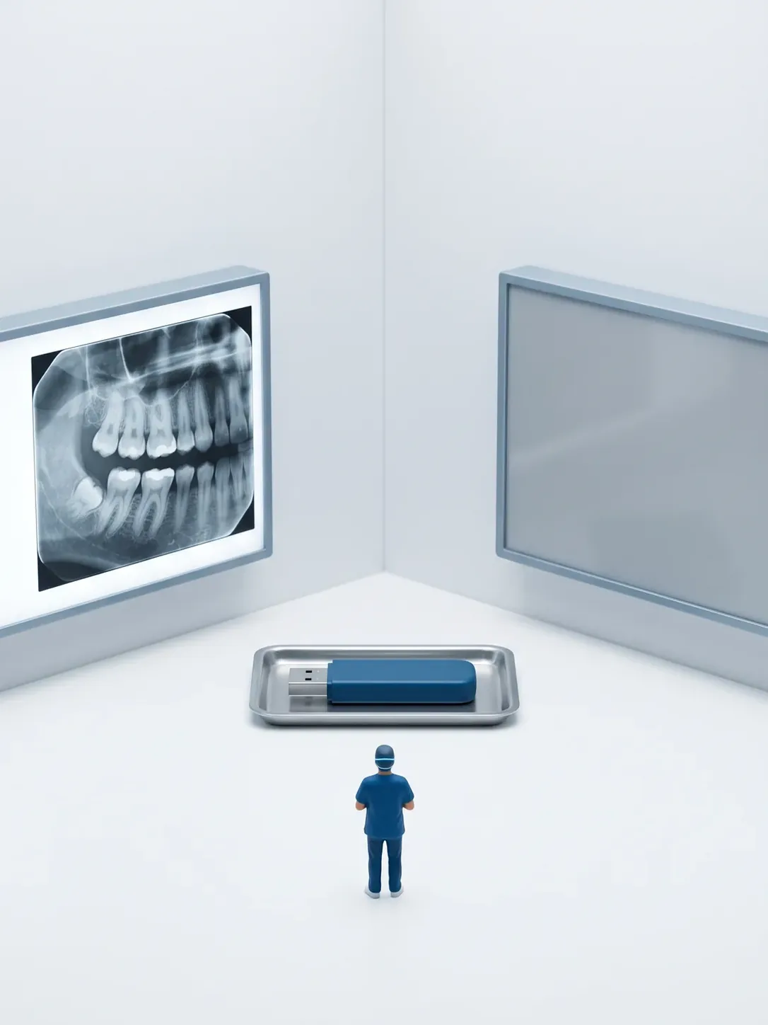 Una memoria USB sin marca en su bandeja, exactamente entre un negatoscopio encendido con una radiografía dental y otro apagado en gris uniforme