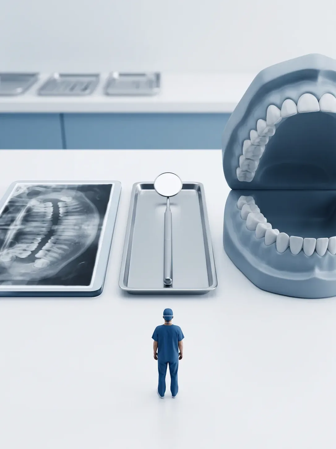 Diorama en miniatura: los tres elementos del check up alineados —una radiografía panorámica en negatoscopio, un espejo dental en su bandeja y una arcada dental gigante