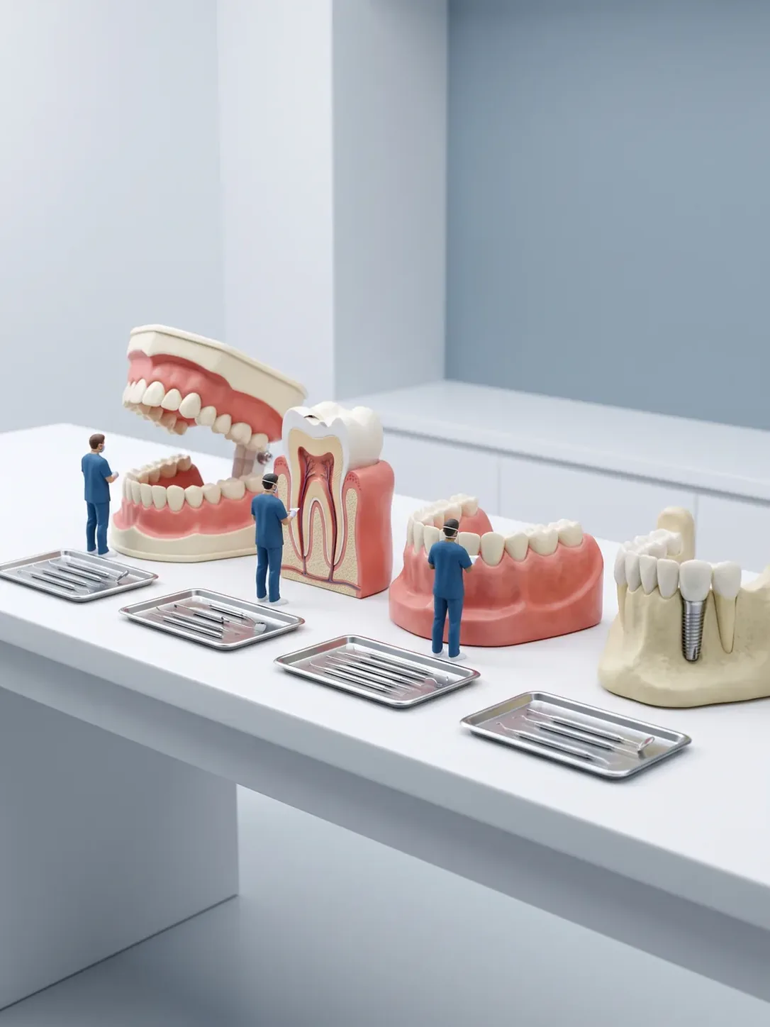 Cuatro modelos anatómicos en fila —arcada completa, molar seccionado, sector de encía y maxilar con implante—, cada uno con su bandeja y su especialista, en la clínica dental de Toluca