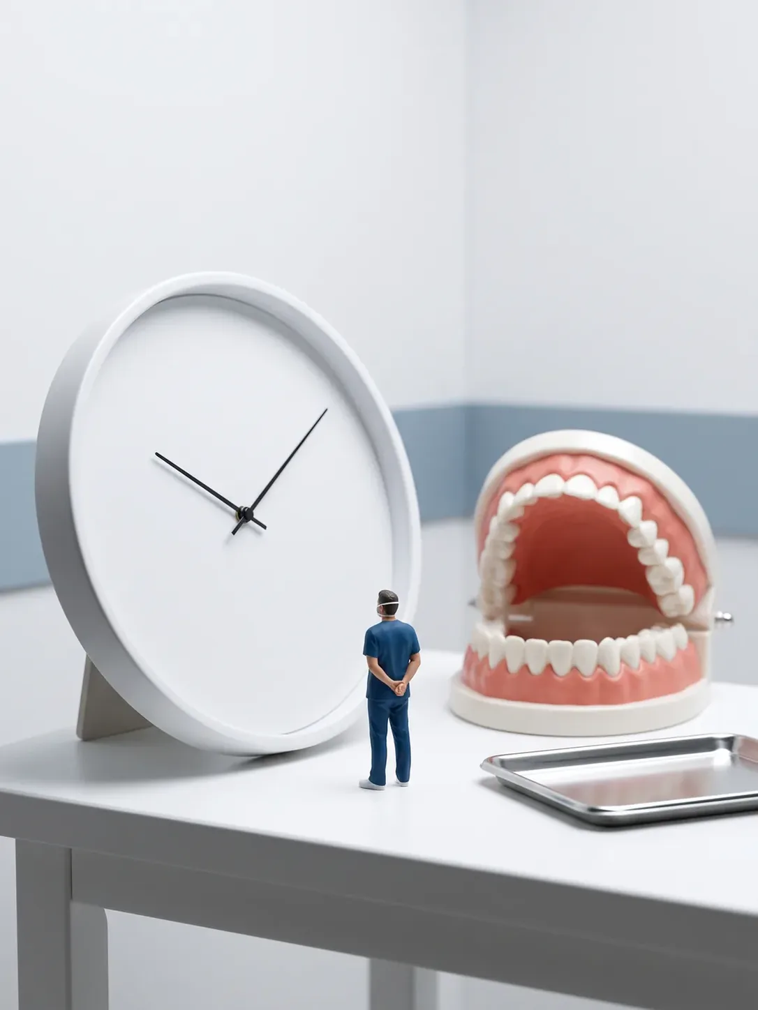 Reloj de pared de esfera lisa sin cifras junto a una arcada dental gigante y una bandeja vacía, con un profesional de espaldas, en la clínica dental Novodent de Metepec