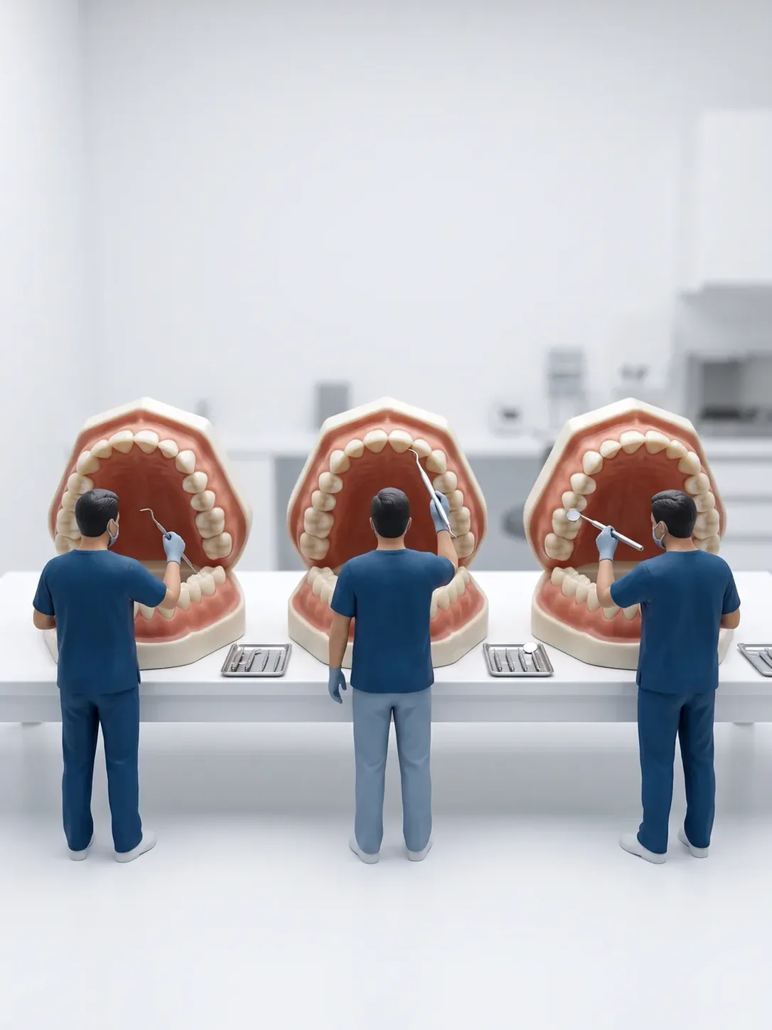 Diorama en miniatura: tres arcadas dentales gigantes en fila, cada una atendida por una figura de personal dental distinta con su propio instrumental