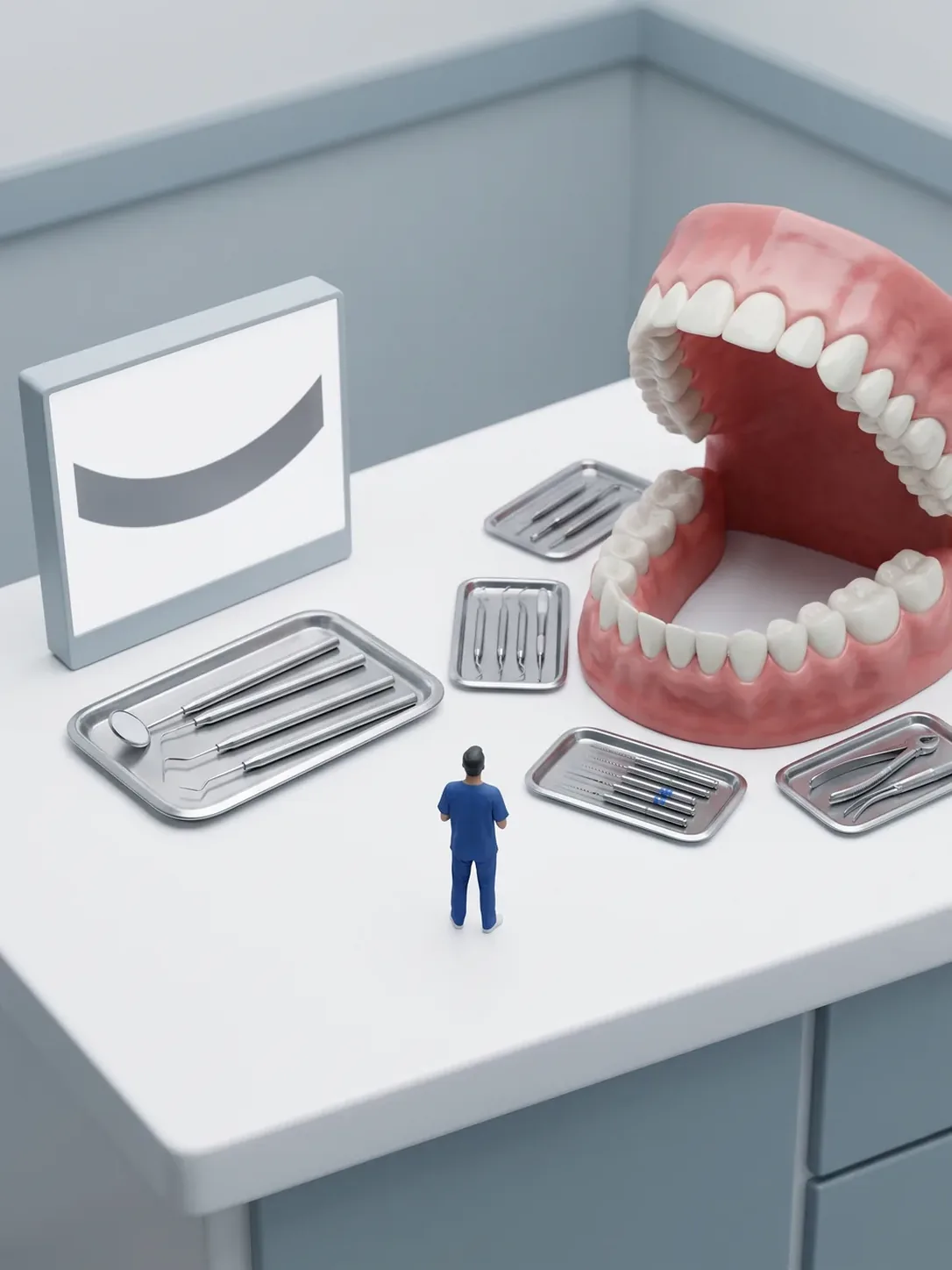 Sobre una misma mesa, un negatoscopio con una panorámica y una bandeja ordenada a un lado, y al otro una arcada dental gigante con cuatro bandejas de trabajo distintas, en la clínica dental de Toluca