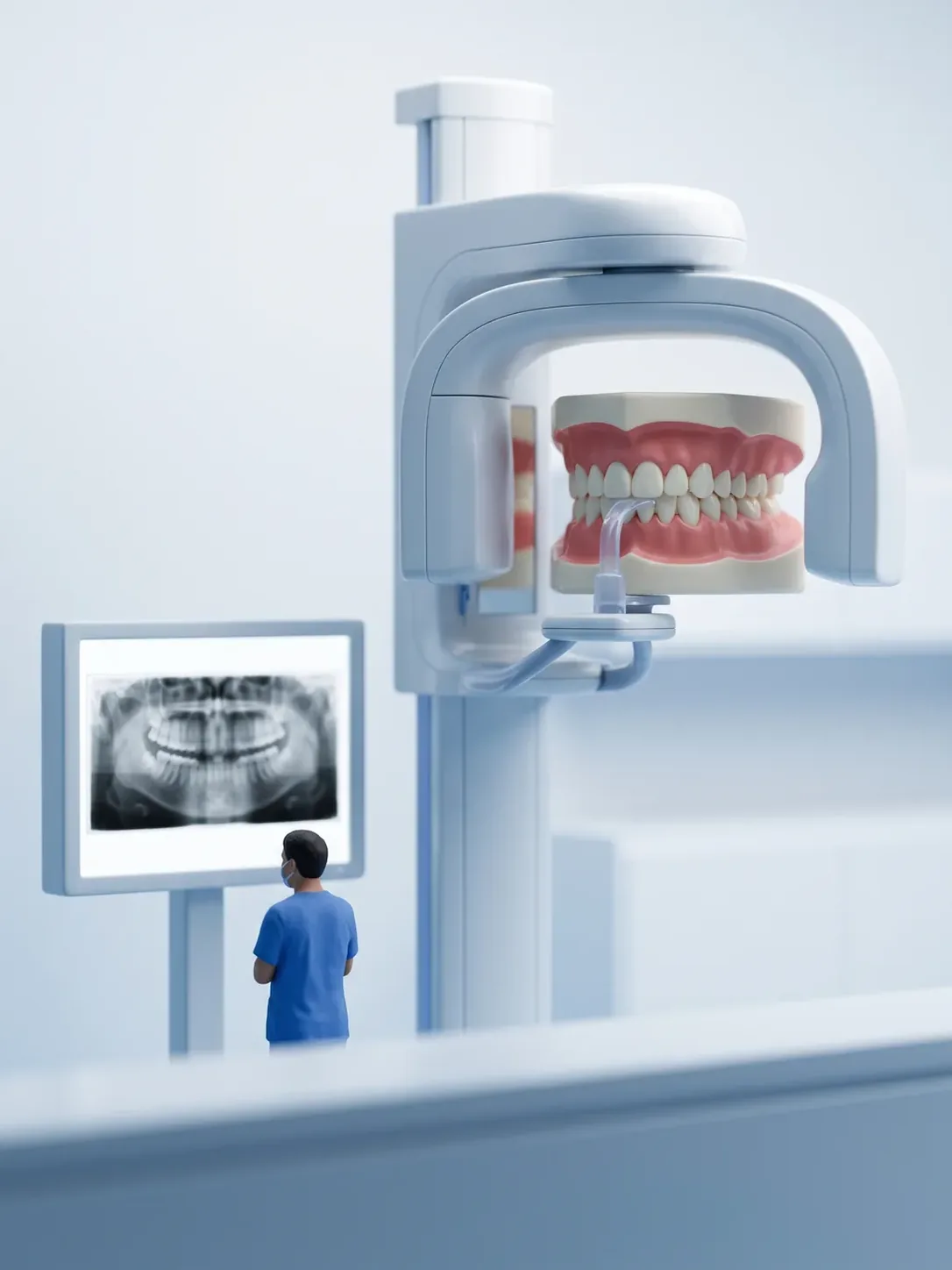 Equipo de radiografía panorámica con una arcada dental gigante colocada en el mordedor y, a pocos pasos, el negatoscopio que muestra ese mismo estudio, en la clínica dental de Metepec