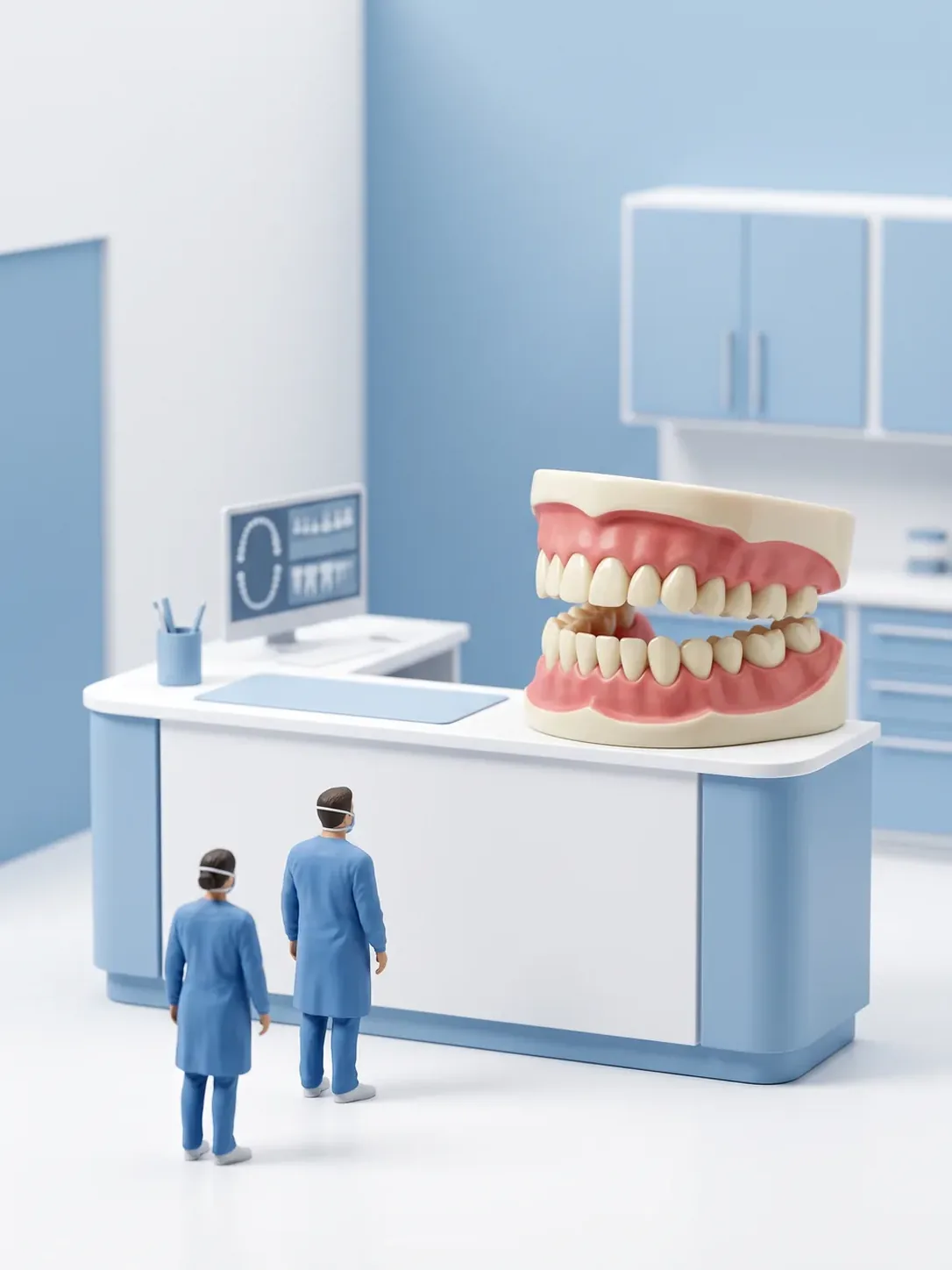 Diorama en miniatura: dos figuras de personal dental esperando en fila ante un mostrador de recepción sin rótulos, con una arcada dental gigante sobre el mostrador