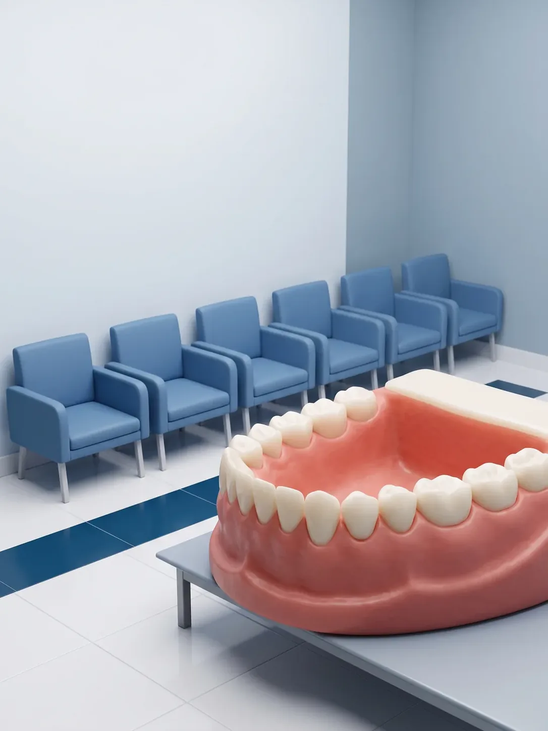Sala de espera con seis butacas azules vacías en fila y una arcada dental gigante sobre una banca, en la clínica dental Novodent de Toluca y Metepec