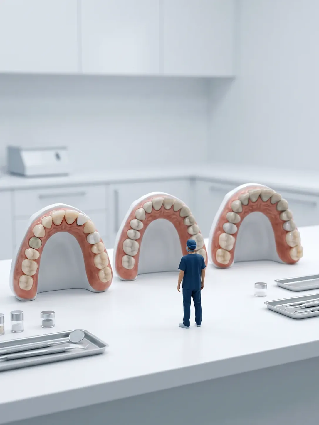 Tres arcadas dentales gigantes del mismo tamaño en fila, con distinto número de dientes preparados en cada una, y un profesional delante de las tres, en Metepec