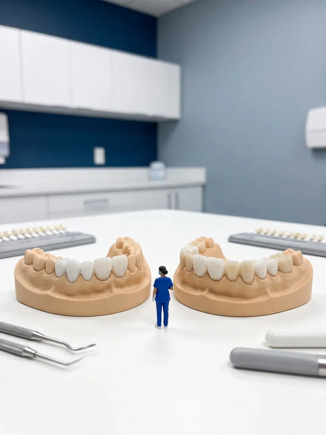 Diorama en miniatura: dos arcadas dentales gigantes sobre la misma mesa con distinto número de dientes preparados, para mostrar que dos planes de diseño de sonrisa no son iguales