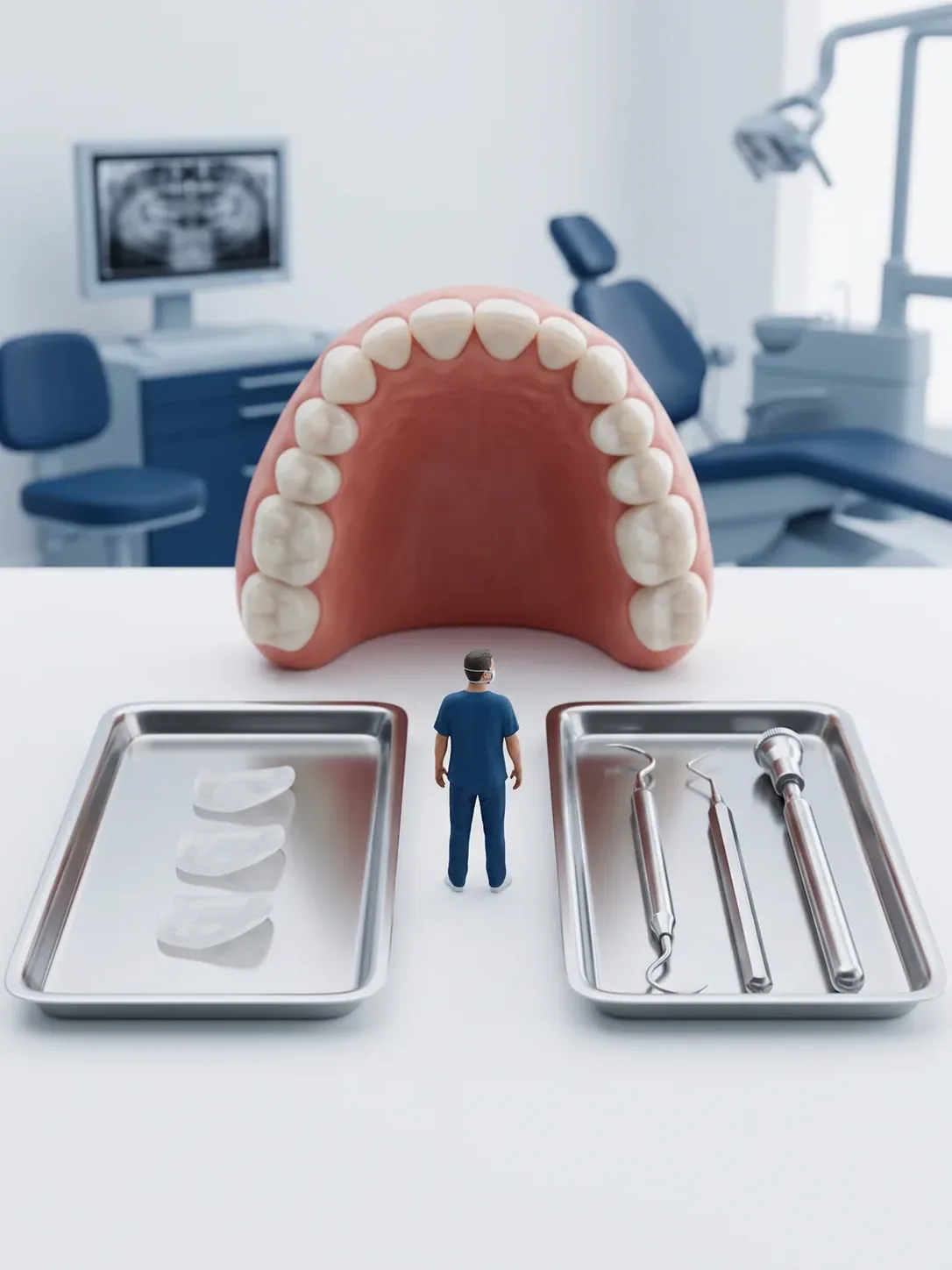 Dos bandejas idénticas bajo la misma luz: en una, tres carillas de cerámica; en la otra, cureta, explorador y copa de profilaxis, delante de una arcada dental gigante, en Toluca