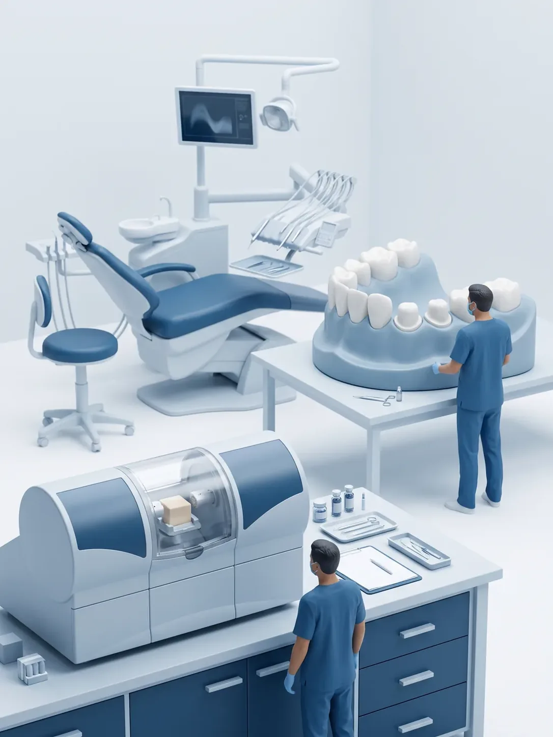 Fresadora dental con un bloque de cerámica dentro y, en la misma sala, el sillón y una arcada gigante con coronas colocadas en el sector anterior, en Novodent Metepec