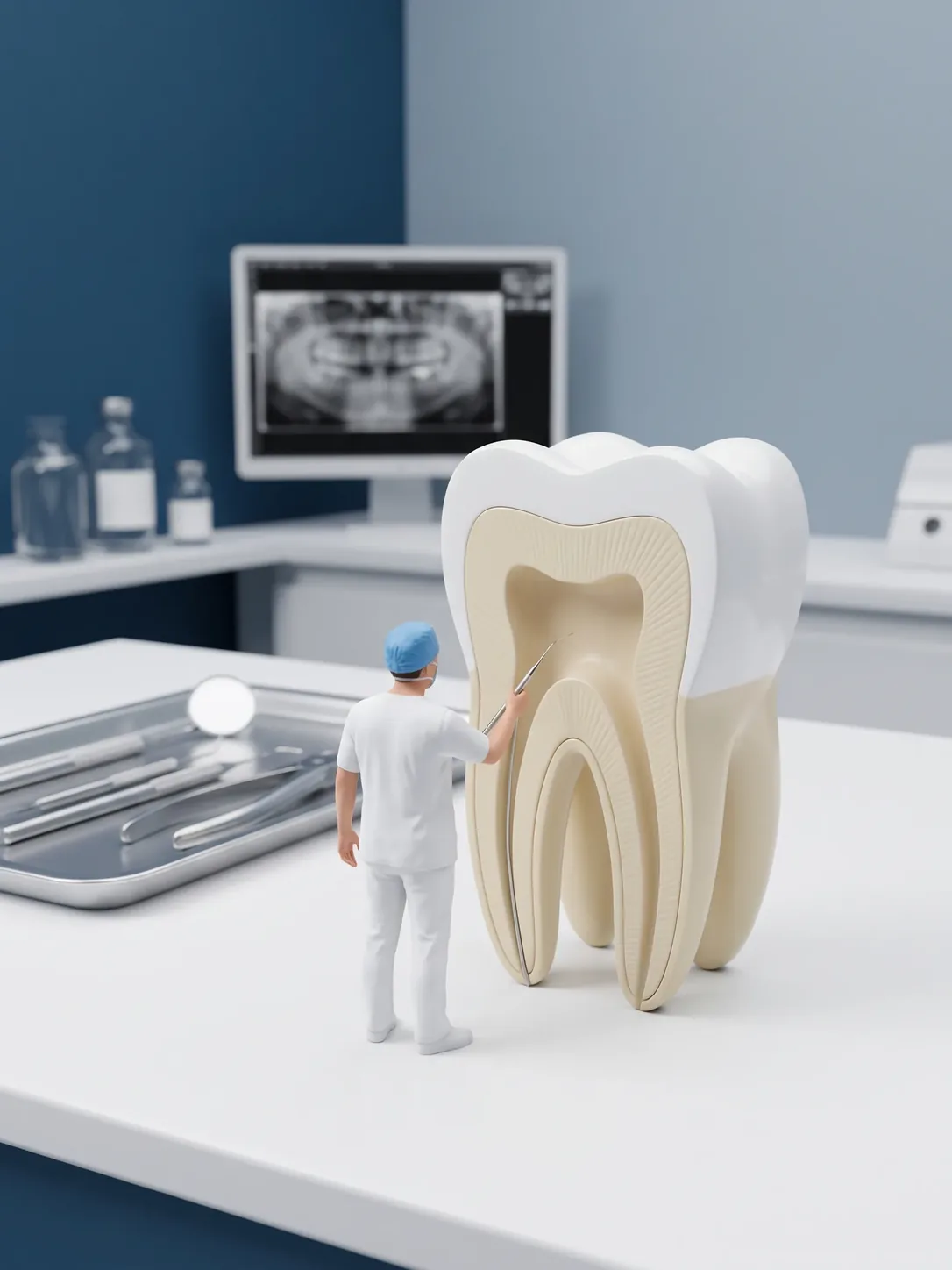 Maqueta gigante de un molar cortado por la mitad, con el conducto a la vista; una figura en miniatura con filipina blanca y gorro azul señala el interior con una sonda. Al fondo, una radiografía panorámica en un monitor.