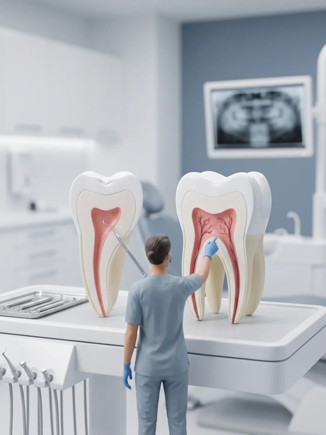 Dos maquetas gigantes de molar abiertas una junto a otra: la de la izquierda con un solo conducto, la de la derecha con varios. Una figura en miniatura con filipina gris las compara.