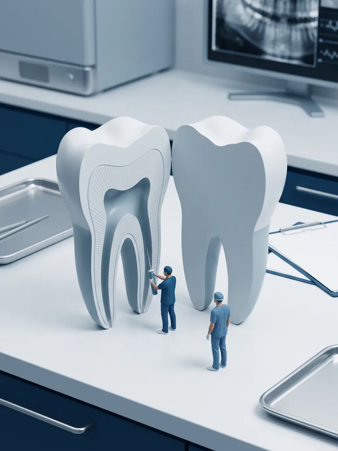 Diorama en miniatura: un molar gigante seccionado por la mitad que deja ver los conductos internos limpios, con dos figuras de personal dental trabajando en uno de ellos
