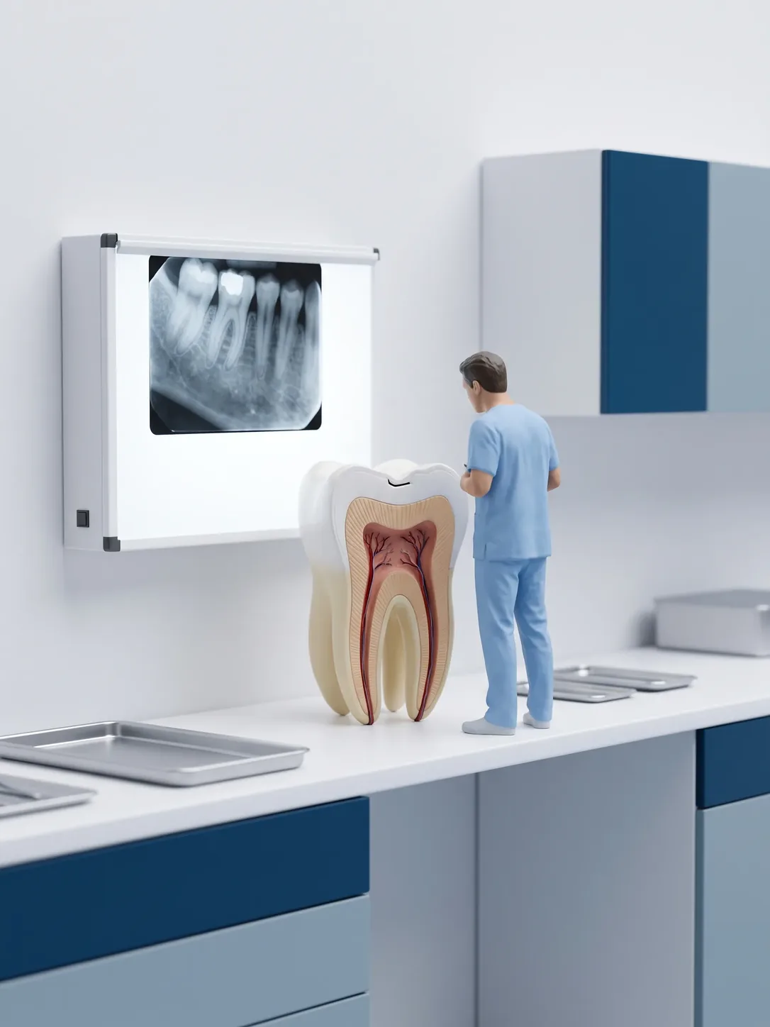 Maqueta gigante de un molar cortado, junto a un negatoscopio de pared con una radiografía dental. Una figura en miniatura con filipina azul está al lado, sobre la encimera.