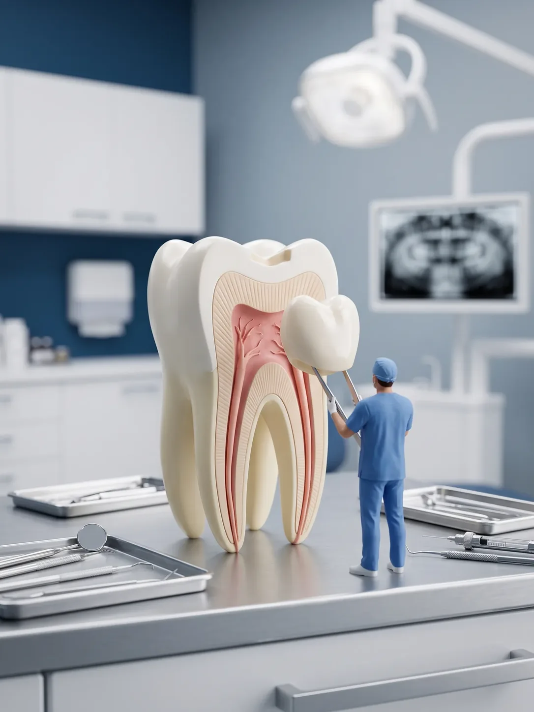 Maqueta gigante de un molar cortado; una figura en miniatura con filipina azul coloca una corona sobre la parte superior del diente.