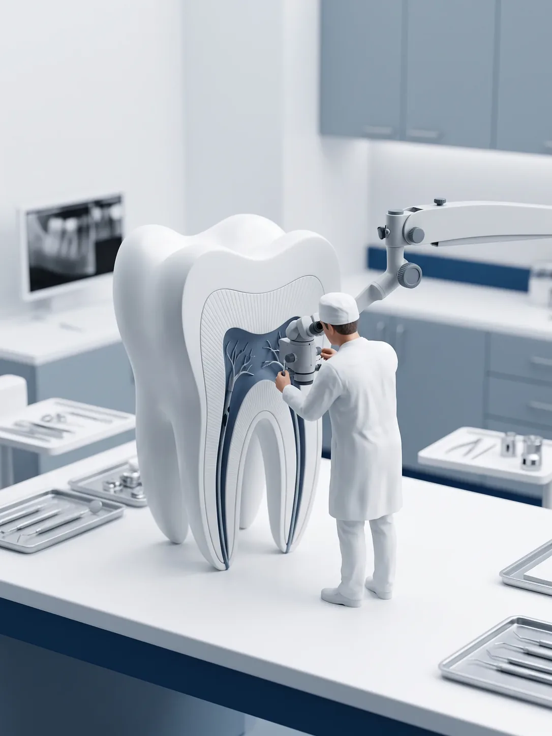 Maqueta gigante de un molar cortado; una figura en miniatura con bata blanca trabaja sobre el interior con un microscopio montado en brazo articulado.